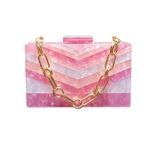 Acrylic Evening Clutch Bag Marble Texture Chevron Patchwork Hard Shell Box Purse With Gold Chain Strap For Women Retro Party