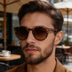 Close-up of vintage tortoise shell sunglasses with brown lenses on a model in a cafe