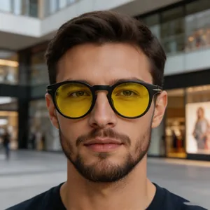 Retro Boston style black sunglasses with yellow lenses and metal arrow hinges on male model