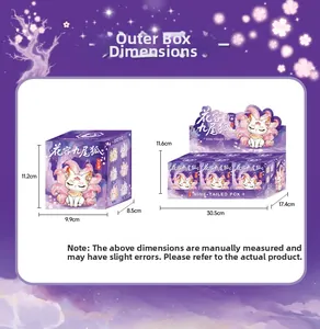 Maatspecificaties voor de Nine-Tailed Fox mystery box verpakking en de displaystandaard