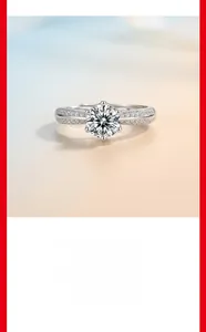 Close-up of a classic six-prong Moissanite ring with polished silver finish and side stones