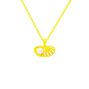 Minimalist gold titanium necklace featuring a shell pendant with pearl and zircons