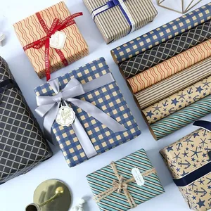 Kraft Gift Wrapping Paper Retro Plaid Stripe Anchor Patterns For Birthday Valentines Day DIY Crafts Decorative