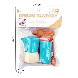 Close-up of children's pretend play coffee toy set showing packaging and dimensions