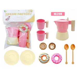 Detailed components of a pink pretend play coffee and donut dessert toy set for kids