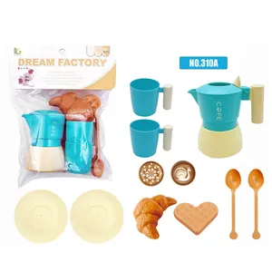 Complete children's pretend play coffee set featuring toy moka pot, cups and snacks