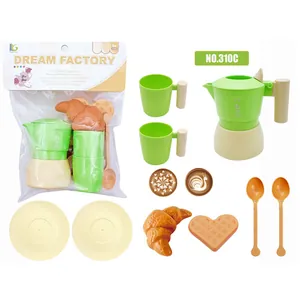 Children's coffee play set featuring a green moka pot, toy cups, and plastic desserts