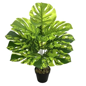 Detail of realistic variegated artificial Monstera plant in black pot with pebbles