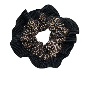 Stylish double-layer leopard print hair scrunchie with pleated black trim for women