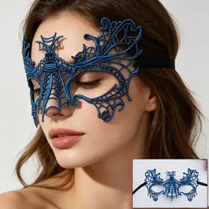 Detail of blue lace masquerade mask with intricate gold stamping and embroidery on model