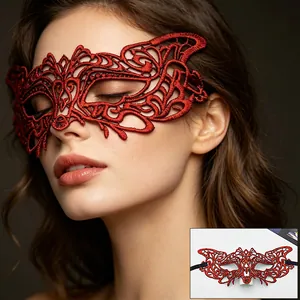 Elegant red lace masquerade mask for women with intricate gold foil embroidery details