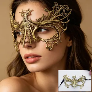 Golden lace bat mask for Halloween parties featuring intricate spider web embroidery patterns