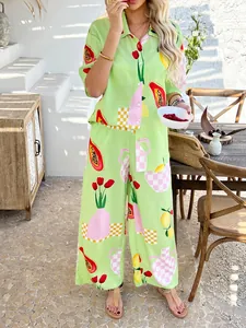 Close-up of lightweight tropical fruit print fabric on a bohemian summer lounge set