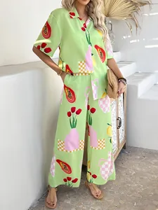 Detail of summer resort set featuring vibrant tropical fruit and geometric patterns