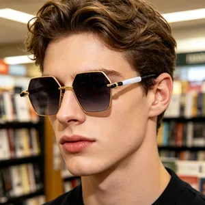 Detail of hexagonal gold metal frame sunglasses with gradient lenses on male model
