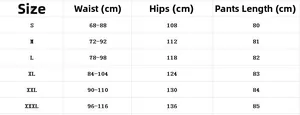 Detailed size chart for women cotton linen wide leg pants showing waist and hip measurements
