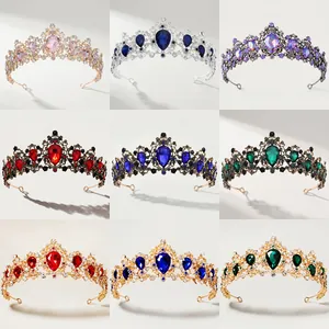 Collage showing nine variants of baroque crystal tiaras with colorful pear-shaped gemstones
