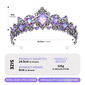 Baroque vintage bridal crown with purple rhinestones and silver metal frame for weddings