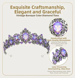 Detail view of Baroque crystal crown with purple rhinestones and silver alloy base
