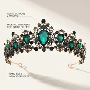 Detailed close-up of Baroque emerald crown with gold filigree and hand-set gemstones