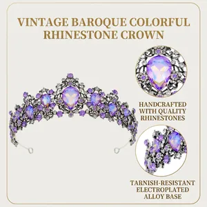 Baroque vintage bridal crown with purple rhinestones on a retro silver alloy base