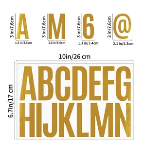 Large 3-inch gold foil alphabet and number stickers with dimensions for DIY party decoration