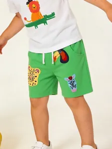 Boys Summer Cotton Casual Shorts Elastic Drawstring Waist Animal Embroidery Patch Leopard Toucan Zebra Green Kids Fashion Bottoms