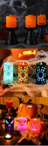 Close-up of Halloween LED pumpkin lanterns and skeleton candles with colorful glow