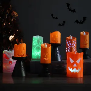 Halloween LED Pumpkin Candle Light Plastic Orange Black Retro Candlestick Lamp For Festival Party Home Table Decor