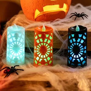 Three-piece Halloween LED candle lanterns with skull and spider web cutout designs