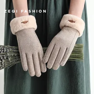 Women Winter Gloves Wool Cashmere Blend Thickened Warm Touchscreen Faux Fur Cuff Elegant Outdoor