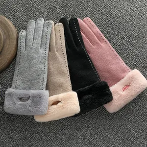 Women's warm winter knit gloves with faux fur cuffs in grey, pink, khaki and black