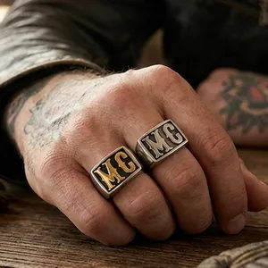 Men Signet Ring Titanium Stainless Steel Square Face Engraved Letters MC HD Vintage Punk Rock Hip Hop Biker Jewelry