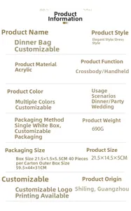 Specifications of acrylic evening clutch bag including dimensions 21.5x14.5x5cm and weight