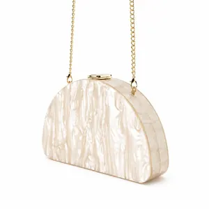 Elegant semi-circular marble acrylic clutch with gold chain strap for evening parties