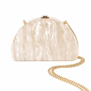 Semicircle white acrylic clutch bag with marble texture and golden chain strap