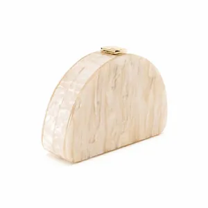 Chic semi-circular acrylic clutch evening bag with cream marble texture and gold hardware