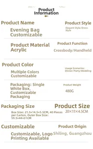 Specifications of starry acrylic evening bag with 20x11x4.5cm size and 480g weight