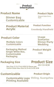 Detailed size and material specification sheet for acrylic formal evening clutch bag