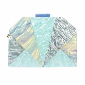 Luxury geometric patchwork acrylic evening clutch bag with iridescent fan-shaped panels
