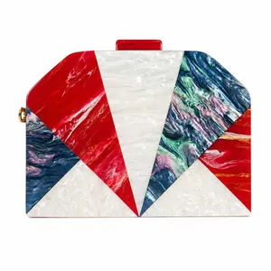 Semicircle acrylic evening clutch bag with colorful marble patterns and gold metal rings