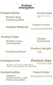 Detailed size chart and acrylic material specifications for marble patterned evening clutch bag