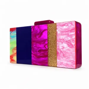 Modern marble pattern acrylic evening clutch bag with colorful stripes and glitter finish