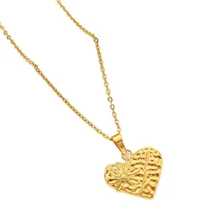 18k gold plated heart pendant necklace with floral engraving and hammered texture