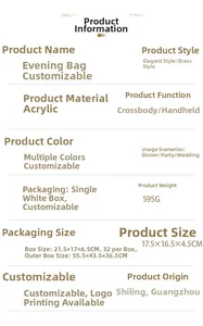 Detailed specifications of the acrylic evening clutch bag for parties and weddings
