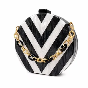Detail view of round acrylic evening bag with black and white marble V-stripes and chain