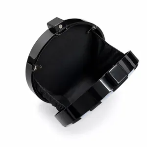 Elegant black acrylic round evening clutch bag with glossy finish and chain strap