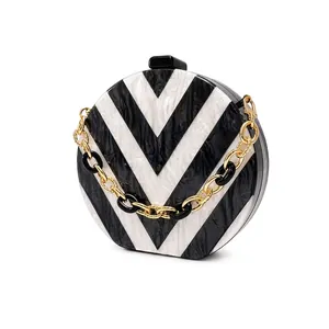 Acrylic Round Evening Clutch Bag With Marbling Chevron Pattern Geometric Hard Shell Chain Shoulder Bag For Women