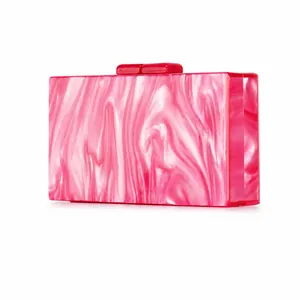 Pink marble acrylic rectangular evening clutch bag for women with hardshell design