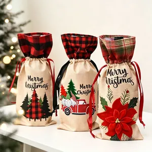 Christmas Wine Bottle Covers Burlap Plaid Drawstring Gift Bags Rustic Festive Holiday Table Decor Reusable Bottle Sleeve